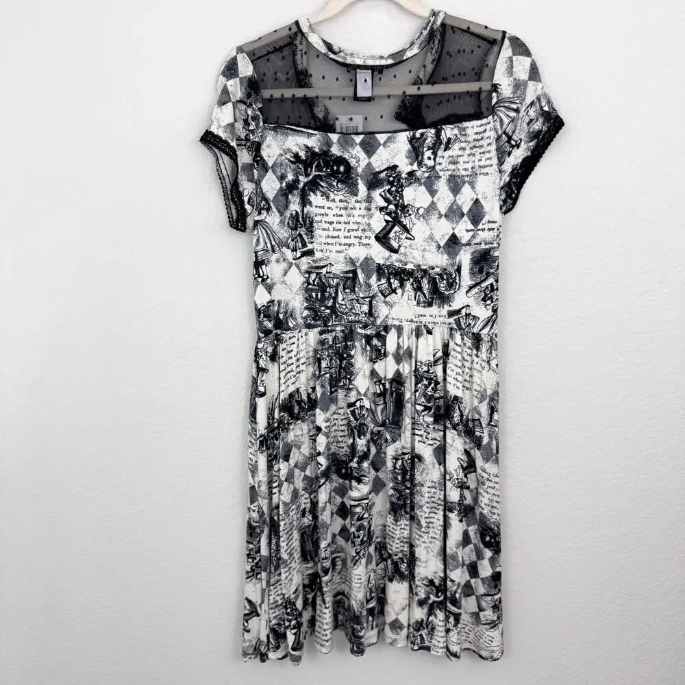 Hot Topic Womens Alice Storybook Printed Dress Sz L Lace Wonderland Whimsi Black - Picture 5 of 10